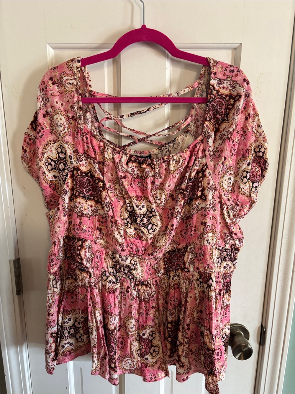 Women’s Pink Boho Print Short Sleeve Top with corset Back